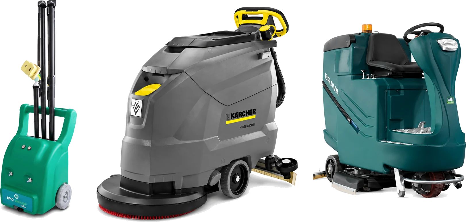 Linha de equipamentos de limpeza profissional da Supra: lavadora de fachada IPC, lavadora de piso Kärcher acompanhante e lavadora de piso Alfa Brava homem a bordo